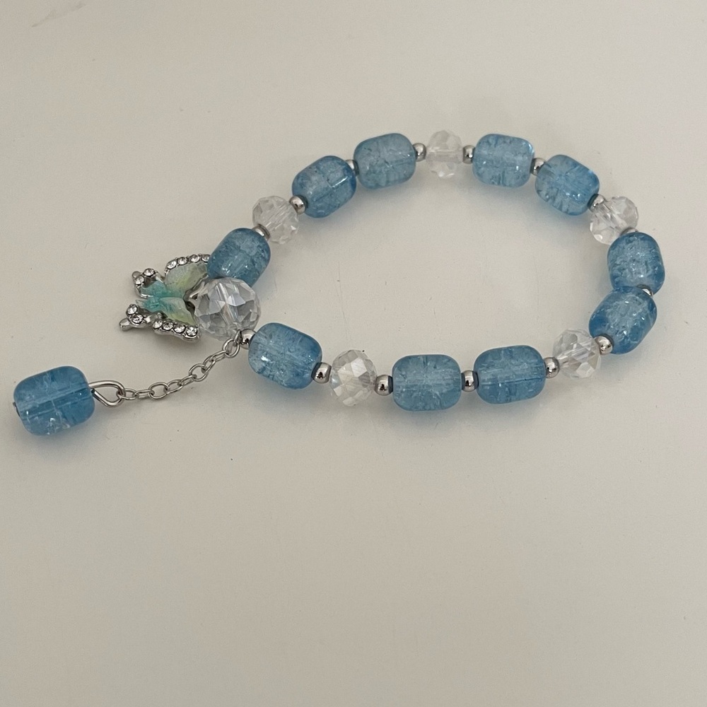 Blue and Clear Beaded Stretch Small Bracelet with Butterfly Charm - Picture 13 of 17